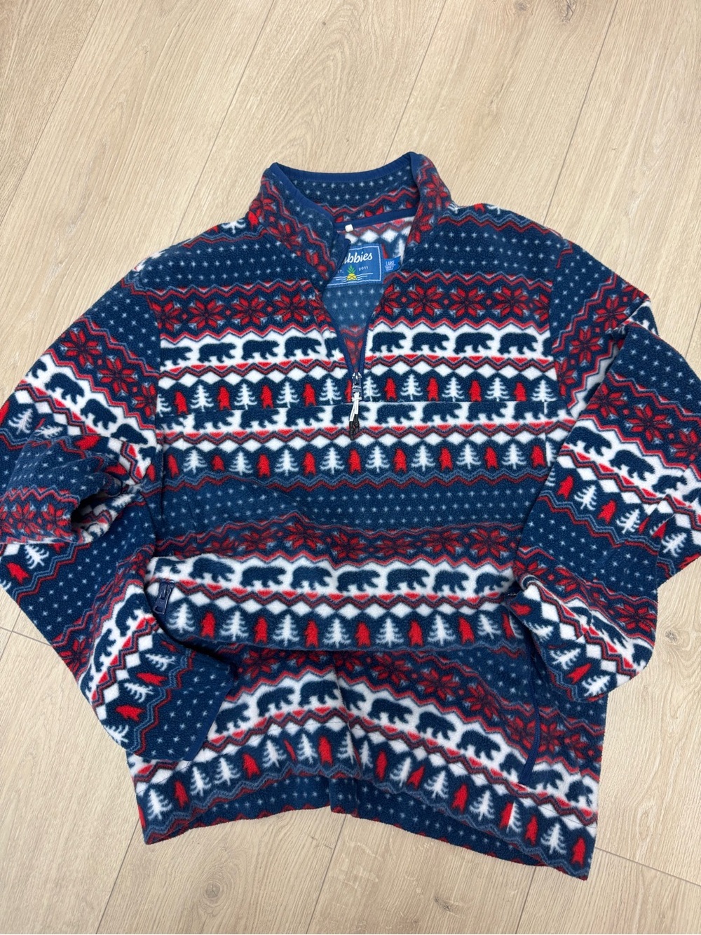 Chubbies The Bearly Wild Fleece Pullover Men’s Large Bear Fair Isle 1/4 Zip